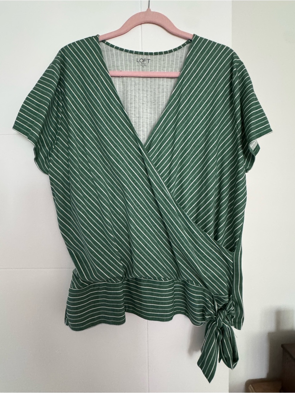 LOFT Green and White Striped Wrap Tie Short Sleeve Top XL New without tags